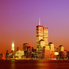 The New York City skyline at sunset